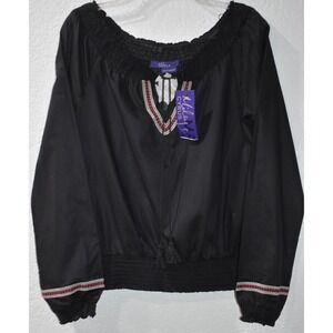 Black Embroidered Smocked Peasant Top Sz L Semi Sheer NEW Miley Cyrus Max Azria